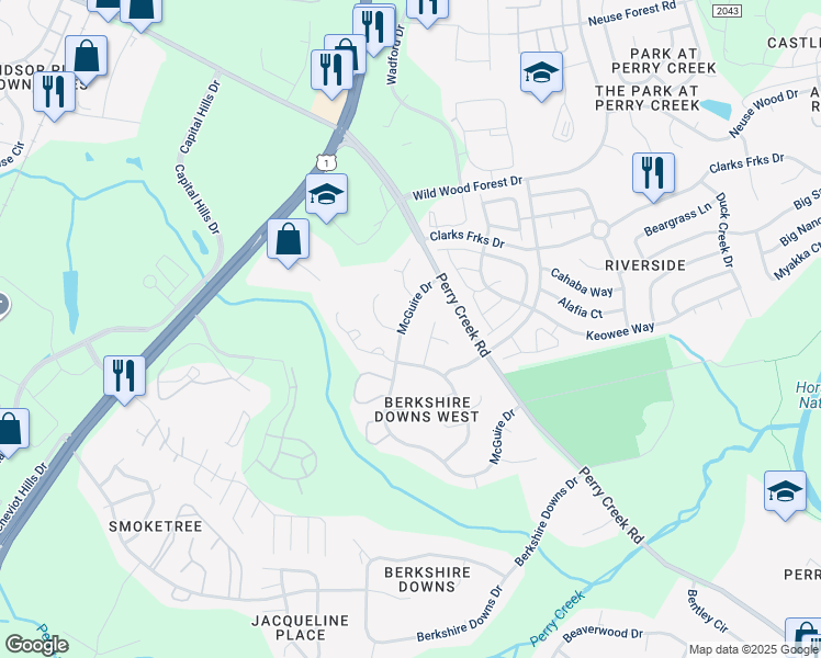 map of restaurants, bars, coffee shops, grocery stores, and more near 8330 McGuire Drive in Raleigh