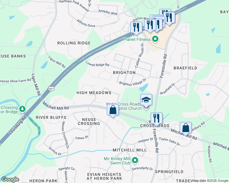 map of restaurants, bars, coffee shops, grocery stores, and more near 3625 Meadow Creek Lane in Raleigh