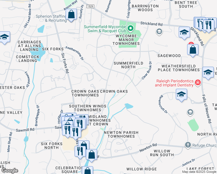map of restaurants, bars, coffee shops, grocery stores, and more near 8004 Mourning Dove Road in Raleigh