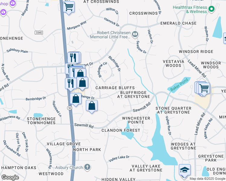 map of restaurants, bars, coffee shops, grocery stores, and more near 7905 Footman Way in Raleigh