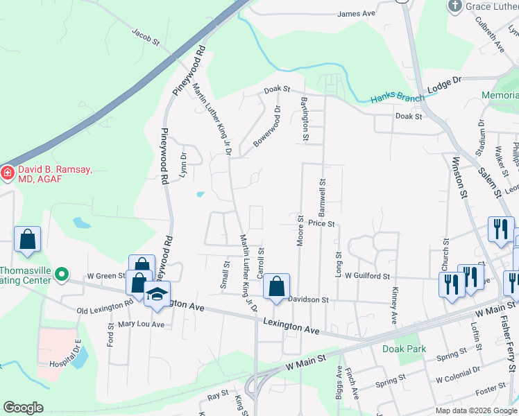 map of restaurants, bars, coffee shops, grocery stores, and more near 602 Huger Street in Thomasville