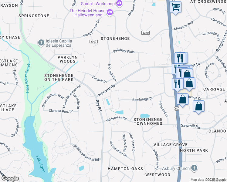 map of restaurants, bars, coffee shops, grocery stores, and more near 2820 Romealia Lane in Raleigh