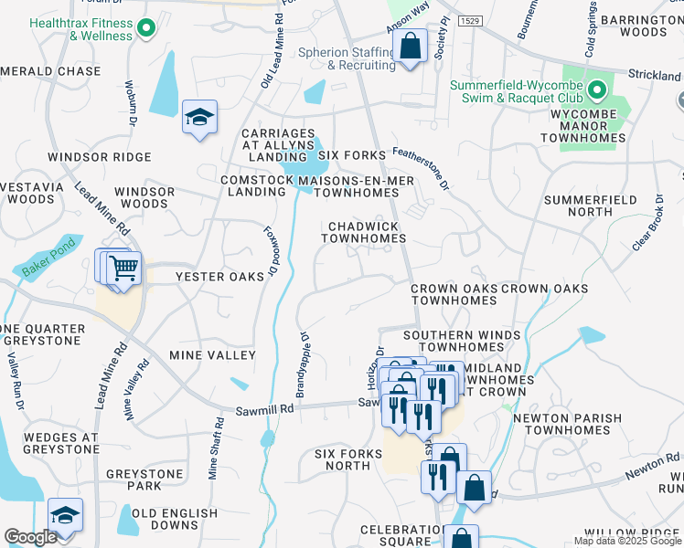 map of restaurants, bars, coffee shops, grocery stores, and more near 8021 Brandyapple Drive in Raleigh