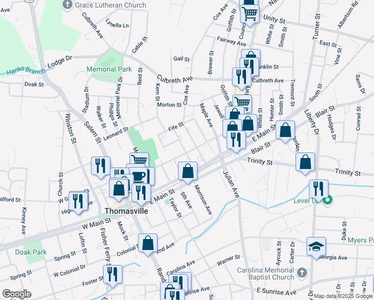 map of restaurants, bars, coffee shops, grocery stores, and more near 101 College Street in Thomasville
