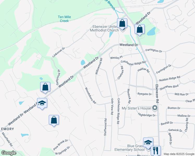 map of restaurants, bars, coffee shops, grocery stores, and more near 1212 Willowood Road in Knoxville