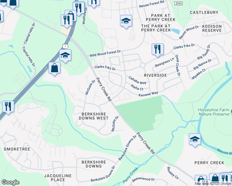 map of restaurants, bars, coffee shops, grocery stores, and more near 5329 Glen Canyon Road in Raleigh