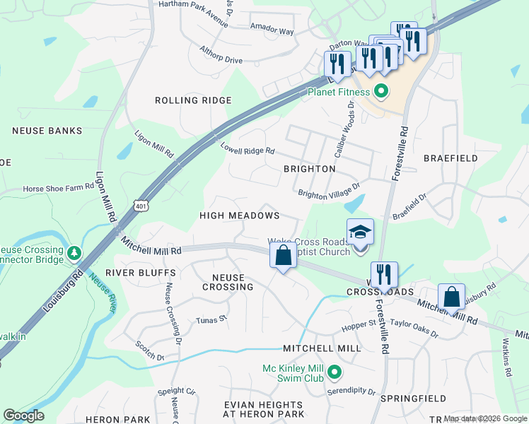 map of restaurants, bars, coffee shops, grocery stores, and more near 3629 Iron Sight Court in Raleigh