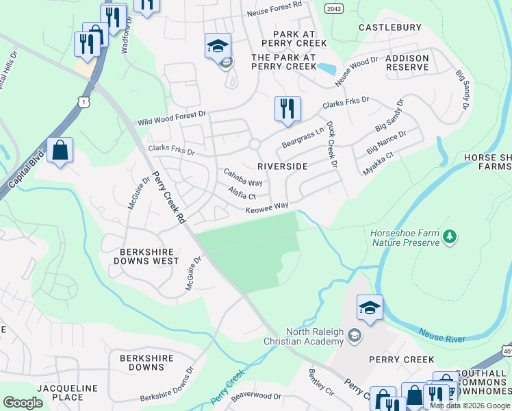 map of restaurants, bars, coffee shops, grocery stores, and more near 5521 Alafia Court in Raleigh