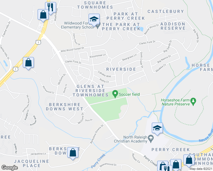 map of restaurants, bars, coffee shops, grocery stores, and more near 5424 Alafia Court in Raleigh