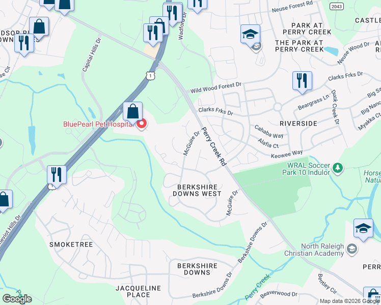 map of restaurants, bars, coffee shops, grocery stores, and more near 8348 McGuire Drive in Raleigh