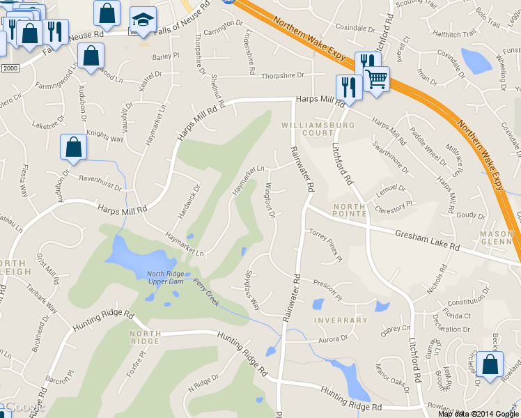 map of restaurants, bars, coffee shops, grocery stores, and more near 7613 Wingfoot Drive in Raleigh