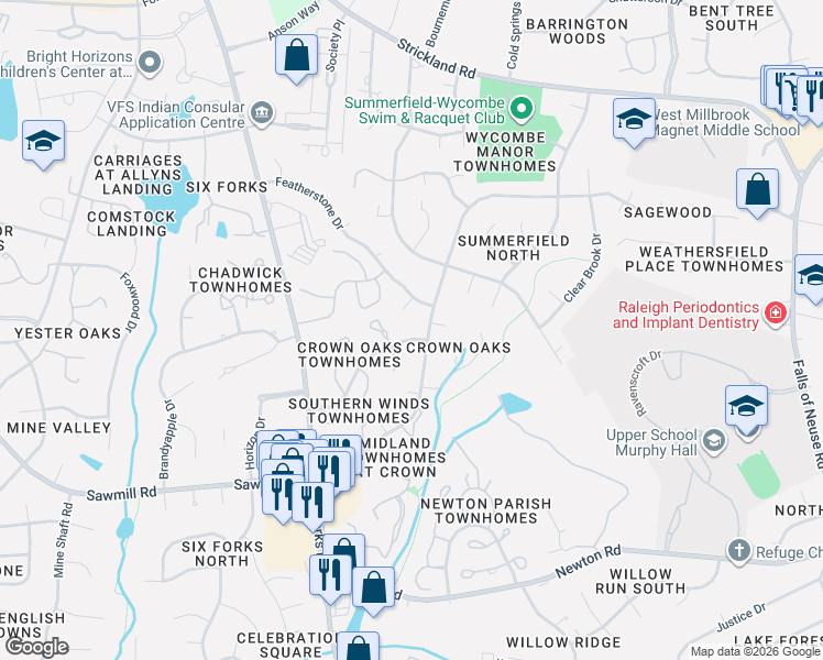 map of restaurants, bars, coffee shops, grocery stores, and more near 7701 Featherstone Drive in Raleigh
