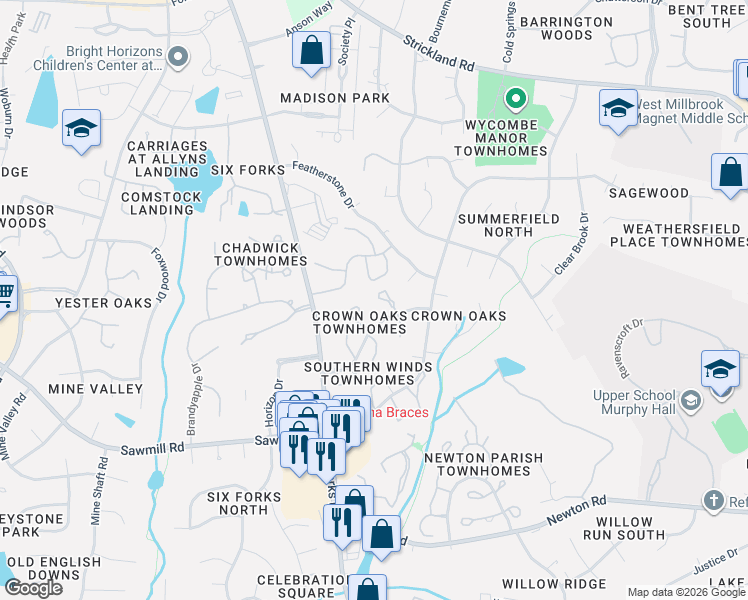 map of restaurants, bars, coffee shops, grocery stores, and more near 7734 Crown Crest Court in Raleigh