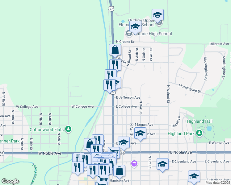 map of restaurants, bars, coffee shops, grocery stores, and more near 1002 North Wentz Street in Guthrie