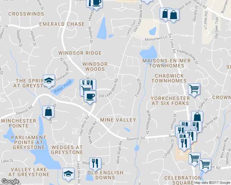 map of restaurants, bars, coffee shops, grocery stores, and more near 7925 Brown Bark Place in Raleigh