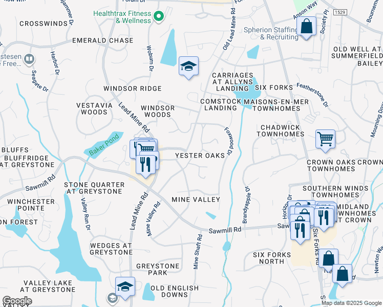 map of restaurants, bars, coffee shops, grocery stores, and more near 7925 Brown Bark Place in Raleigh
