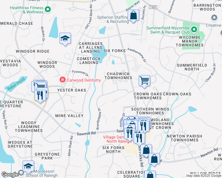 map of restaurants, bars, coffee shops, grocery stores, and more near 8021 Brandyapple Drive in Raleigh
