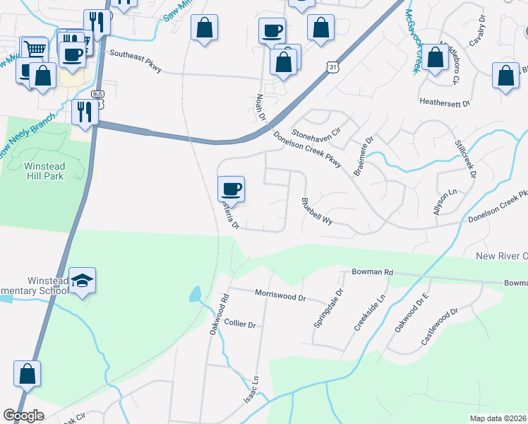 map of restaurants, bars, coffee shops, grocery stores, and more near 608 Wildflower Court in Franklin