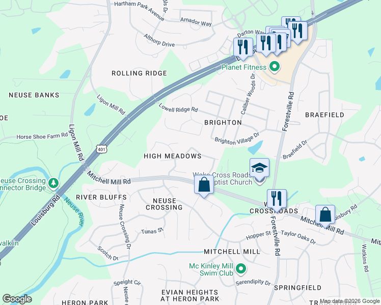map of restaurants, bars, coffee shops, grocery stores, and more near 3629 Iron Sight Court in Raleigh