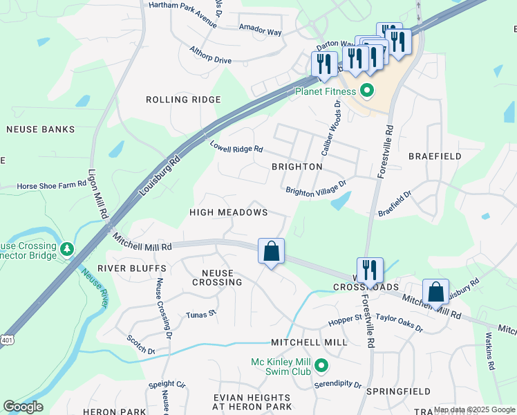 map of restaurants, bars, coffee shops, grocery stores, and more near 3608 Meadow Creek Lane in Raleigh