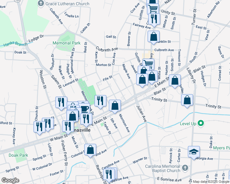 map of restaurants, bars, coffee shops, grocery stores, and more near 101 College Street in Thomasville