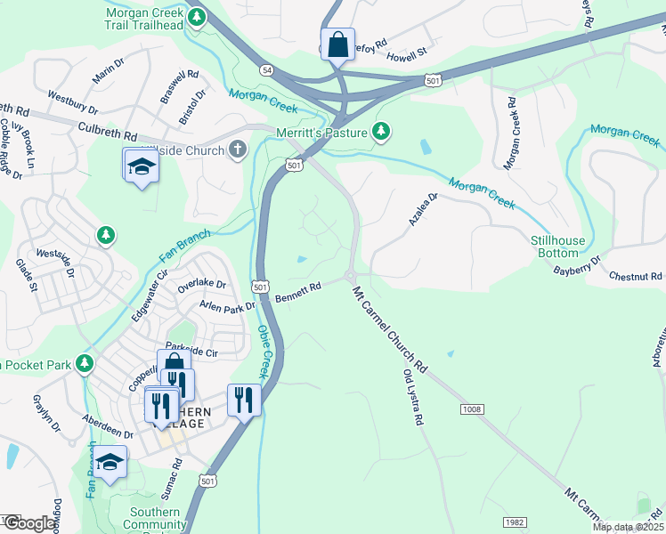 map of restaurants, bars, coffee shops, grocery stores, and more near 105 Hayworth Drive in Chapel Hill