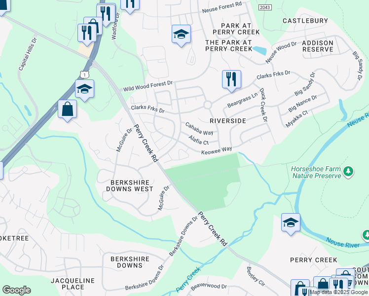 map of restaurants, bars, coffee shops, grocery stores, and more near 5404 Patuxent Drive in Raleigh