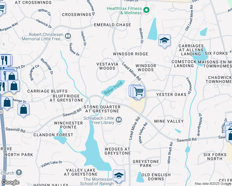 map of restaurants, bars, coffee shops, grocery stores, and more near 7825 Breckon Way in Raleigh