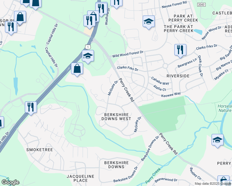 map of restaurants, bars, coffee shops, grocery stores, and more near 8348 McGuire Drive in Raleigh