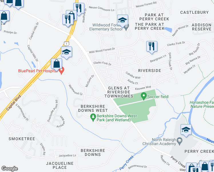 map of restaurants, bars, coffee shops, grocery stores, and more near 8111 Candelaria Drive in Raleigh