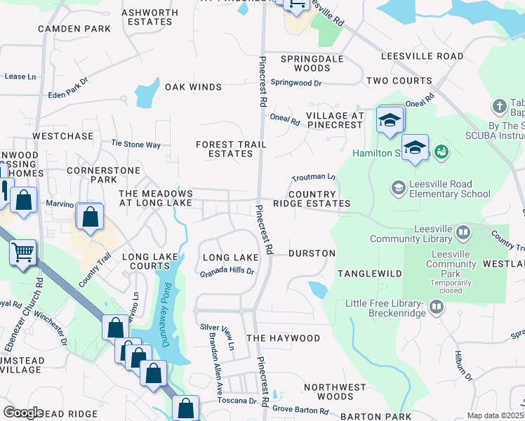 map of restaurants, bars, coffee shops, grocery stores, and more near 7713 Pinecrest Road in Raleigh