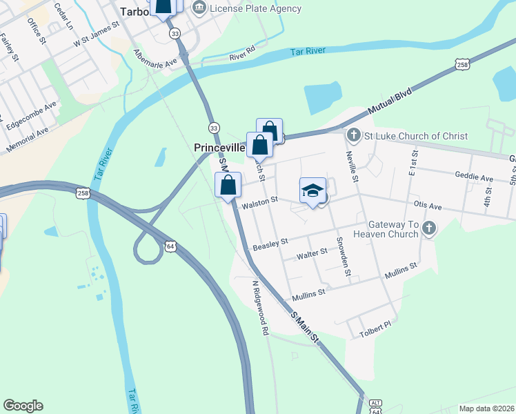 map of restaurants, bars, coffee shops, grocery stores, and more near 104 Walston Street in Princeville