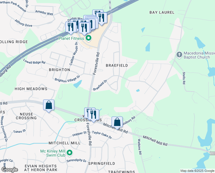map of restaurants, bars, coffee shops, grocery stores, and more near 8042 Marsh Hollow Drive in Raleigh