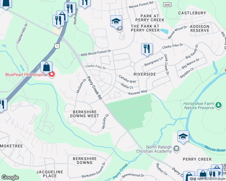 map of restaurants, bars, coffee shops, grocery stores, and more near 5401 Keowee Way in Raleigh