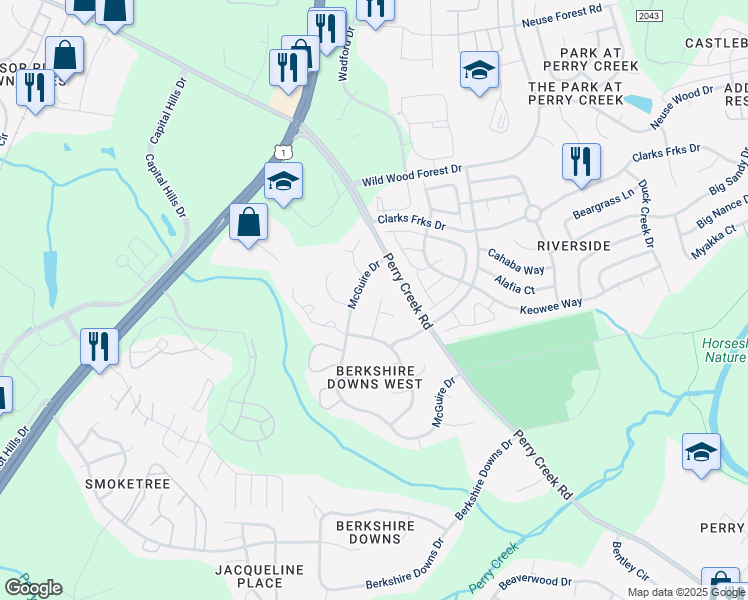 map of restaurants, bars, coffee shops, grocery stores, and more near 8348 McGuire Drive in Raleigh