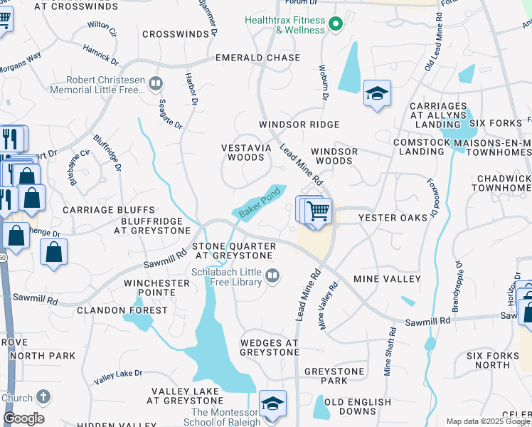 map of restaurants, bars, coffee shops, grocery stores, and more near 7825 Breckon Way in Raleigh