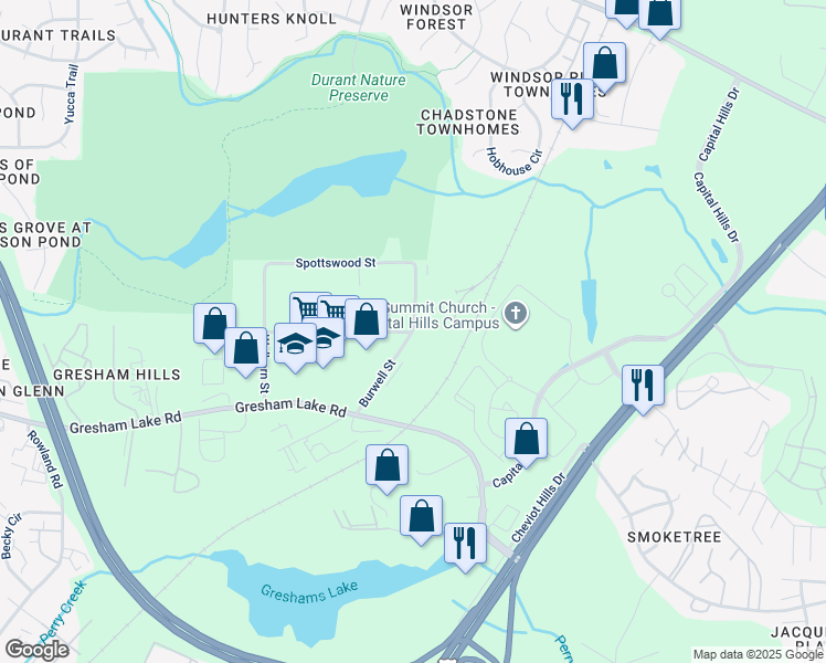map of restaurants, bars, coffee shops, grocery stores, and more near 7700 Burwell Street in Raleigh