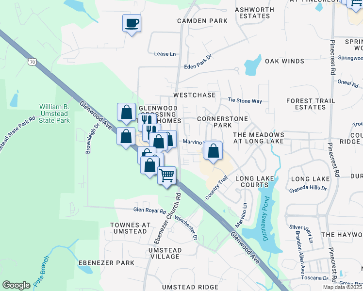 map of restaurants, bars, coffee shops, grocery stores, and more near 8236 Ebenezer Church Road in Raleigh