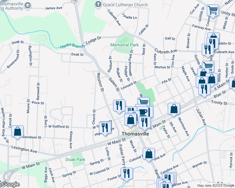 map of restaurants, bars, coffee shops, grocery stores, and more near 208 Salem Street in Thomasville