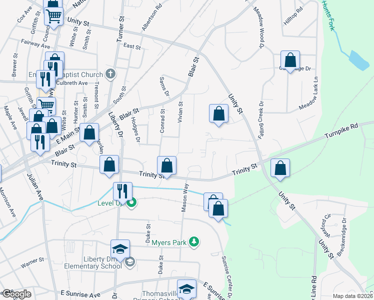 map of restaurants, bars, coffee shops, grocery stores, and more near 12 Savannah Lane in Thomasville