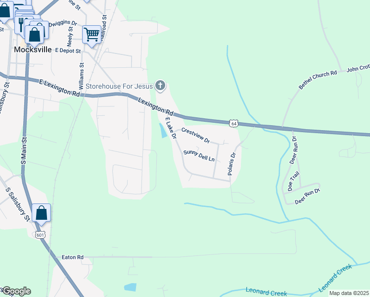 map of restaurants, bars, coffee shops, grocery stores, and more near 270 East Lake Drive in Mocksville