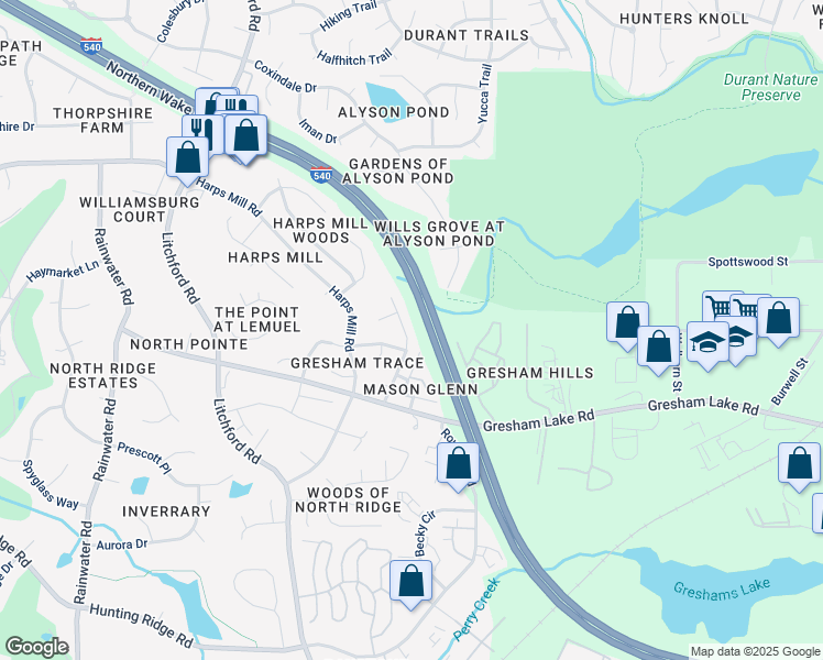 map of restaurants, bars, coffee shops, grocery stores, and more near 8112 Gresham Trace Lane in Raleigh