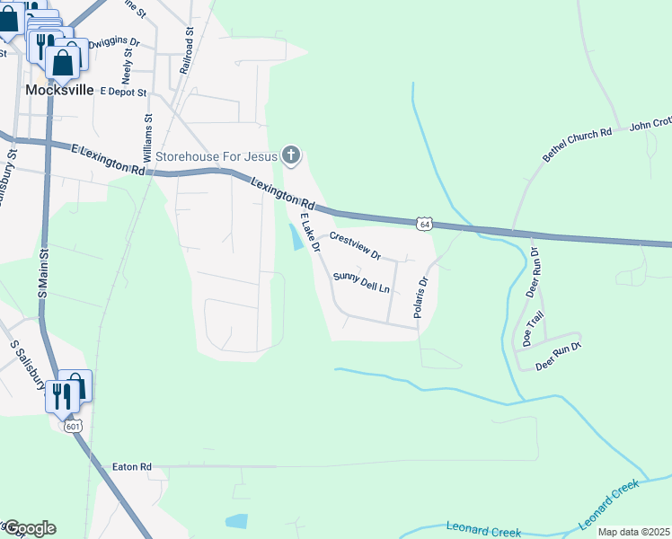 map of restaurants, bars, coffee shops, grocery stores, and more near 270 East Lake Drive in Mocksville