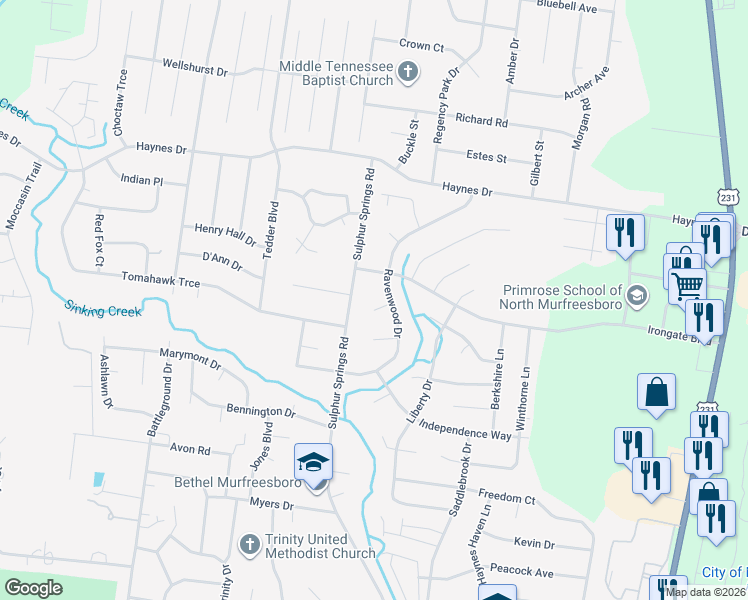 map of restaurants, bars, coffee shops, grocery stores, and more near 2217 Ravenwood Drive in Murfreesboro