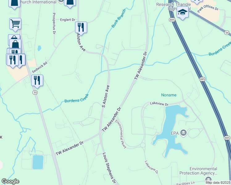 map of restaurants, bars, coffee shops, grocery stores, and more near 5209 S Alston Ave in Durham
