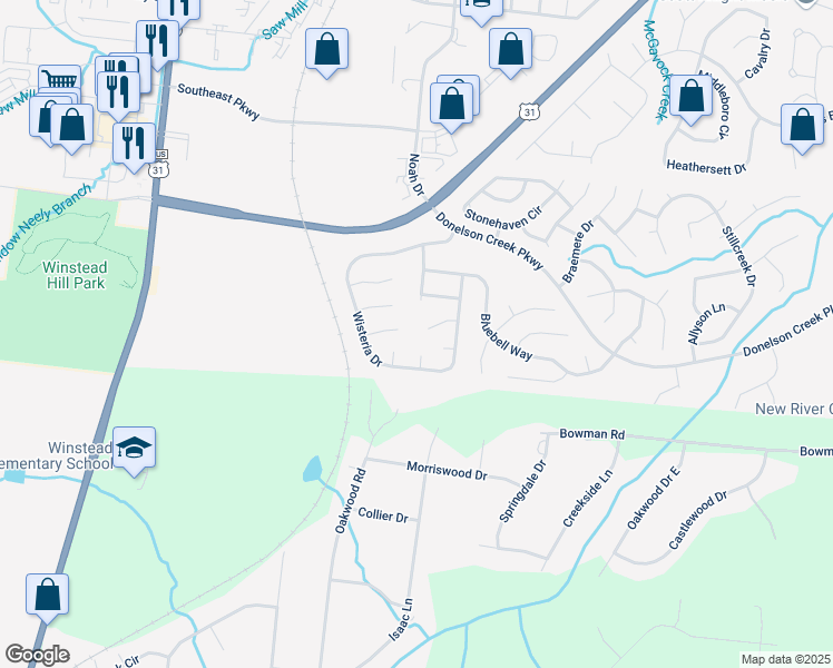 map of restaurants, bars, coffee shops, grocery stores, and more near 608 Wildflower Court in Franklin