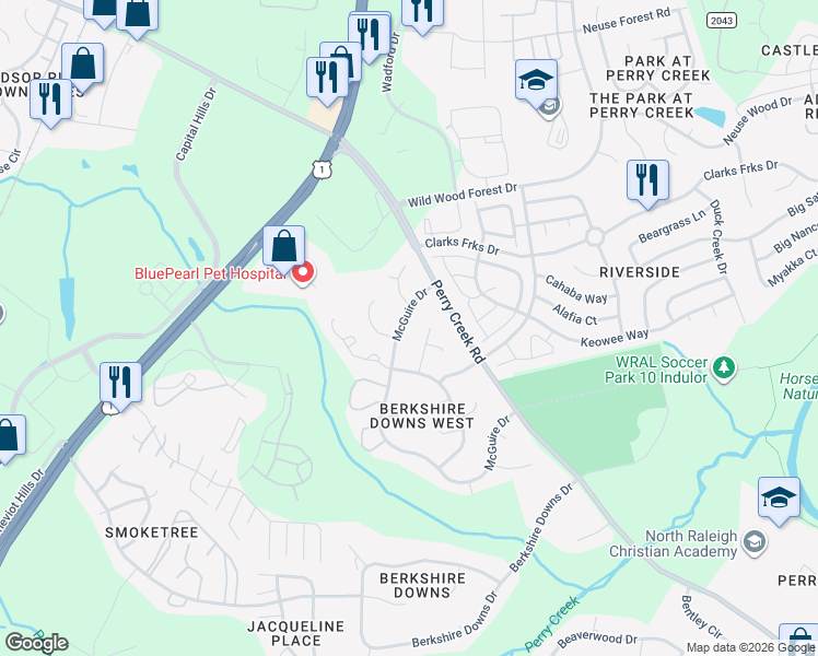 map of restaurants, bars, coffee shops, grocery stores, and more near 8338 McGuire Drive in Raleigh