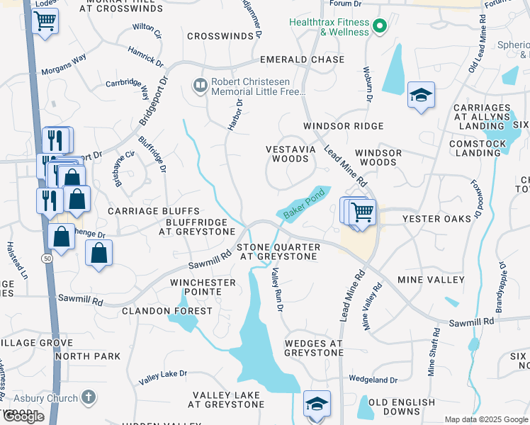 map of restaurants, bars, coffee shops, grocery stores, and more near 1120 Sawmill Road in Raleigh