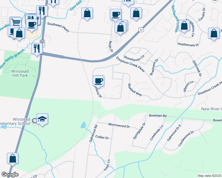 map of restaurants, bars, coffee shops, grocery stores, and more near 608 Wildflower Court in Franklin