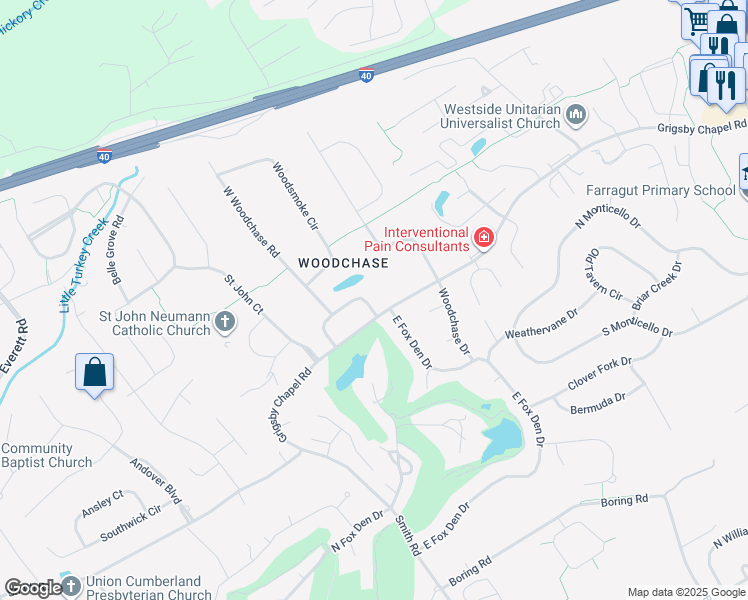 map of restaurants, bars, coffee shops, grocery stores, and more near 11903 West Fox Chase Circle in Knoxville